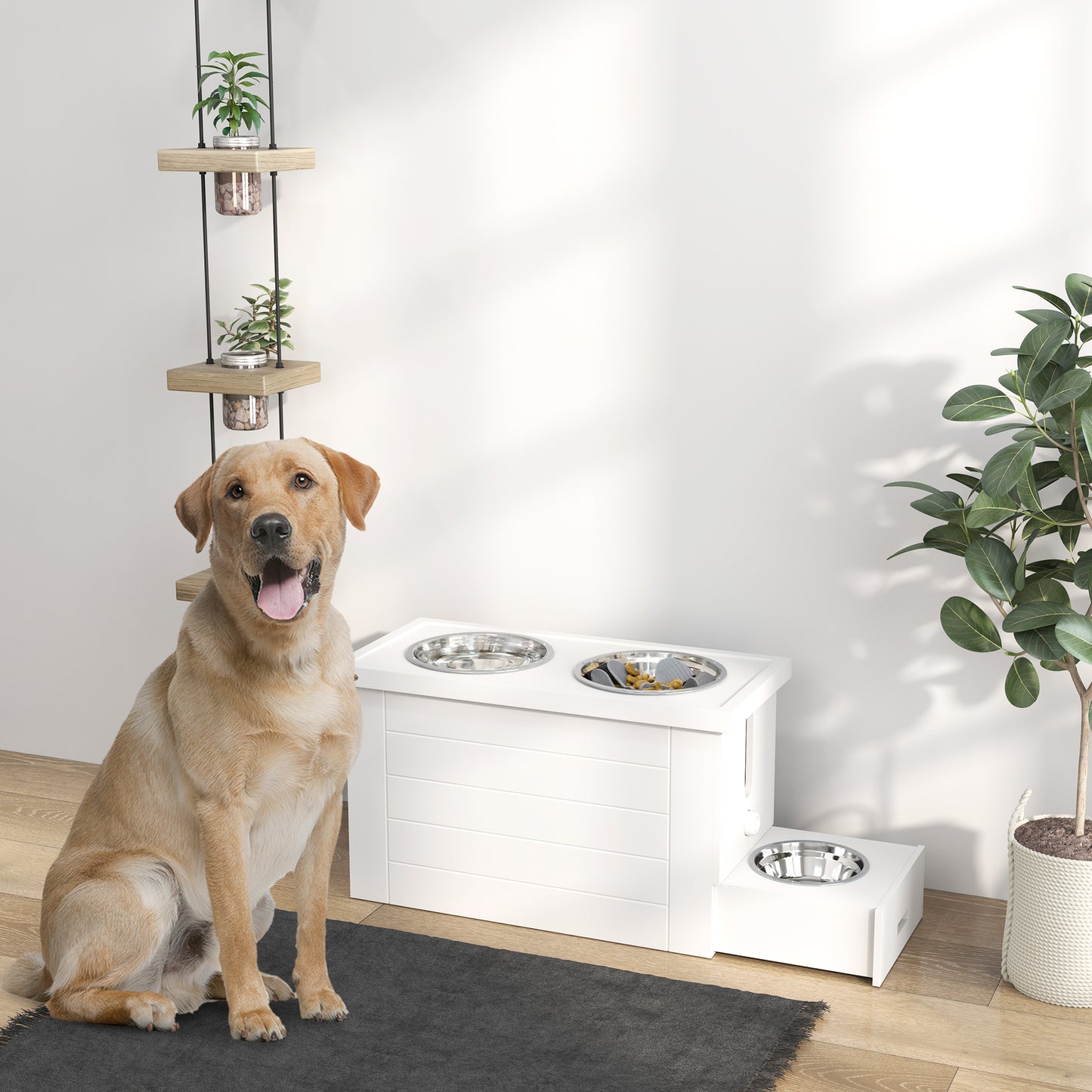 Premium 3-in-1 Hundefutterstation mit Stauraum & Edelstahlnäpfen