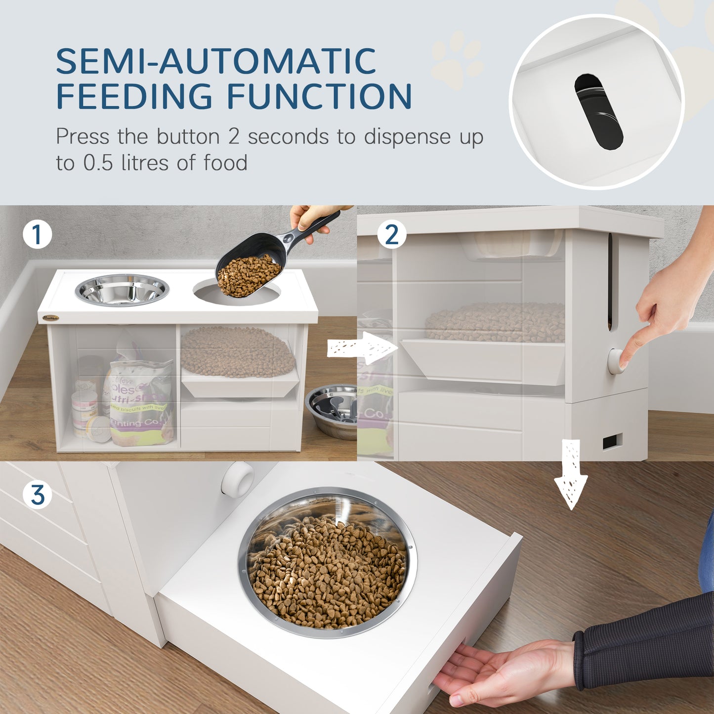 Premium 3-in-1 Hundefutterstation mit Stauraum & Edelstahlnäpfen